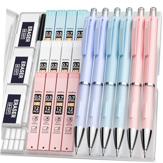 6PCS Pastel Mechanical Pencil Set with 12 tubes HB Lead Refills, 0.5 & 0.7 mm