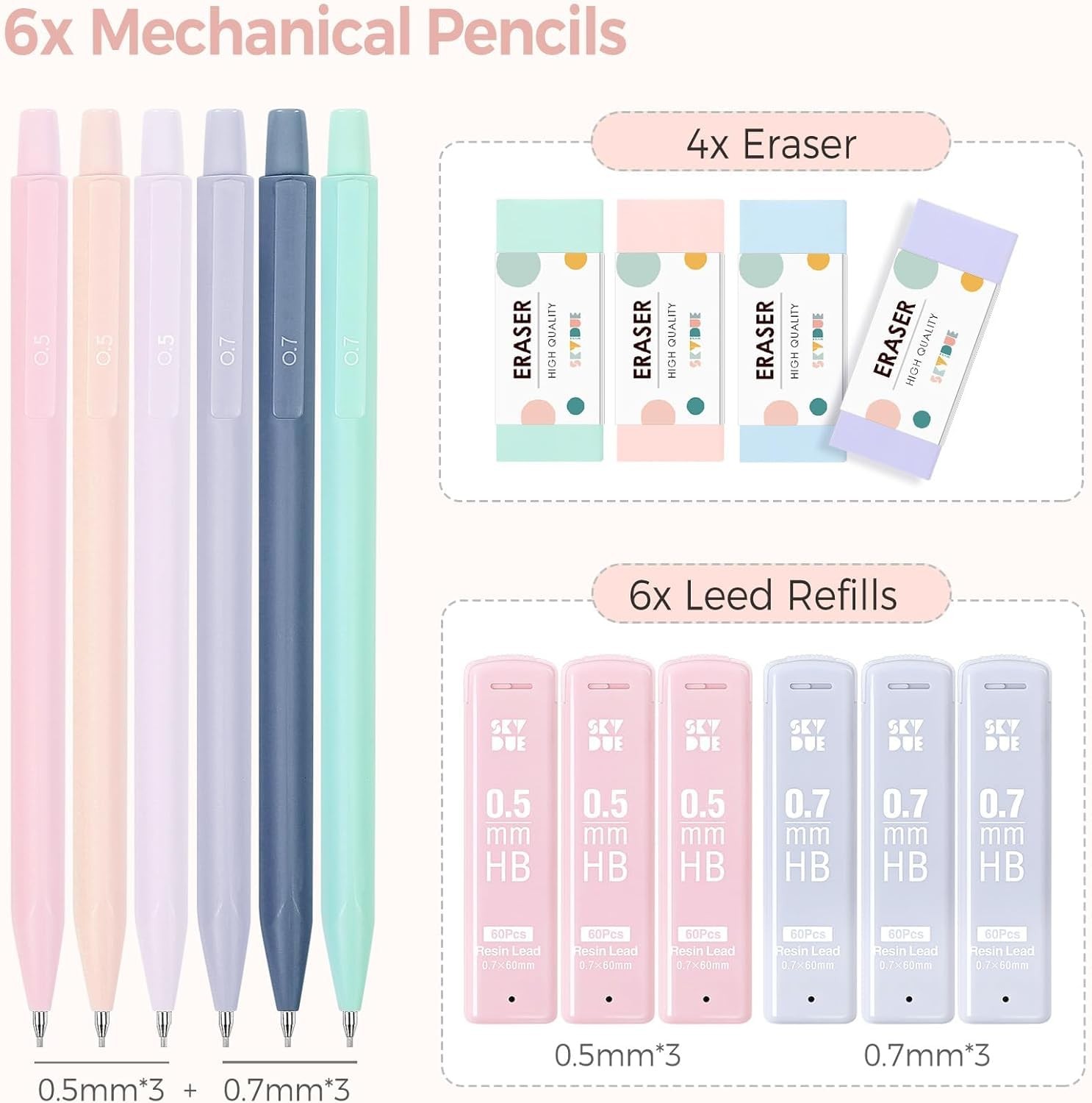 Cute Mechanical Pencils Set 0.5mm 0.7mm 360 PCS HB Lead Refills 4 PCS Erasers