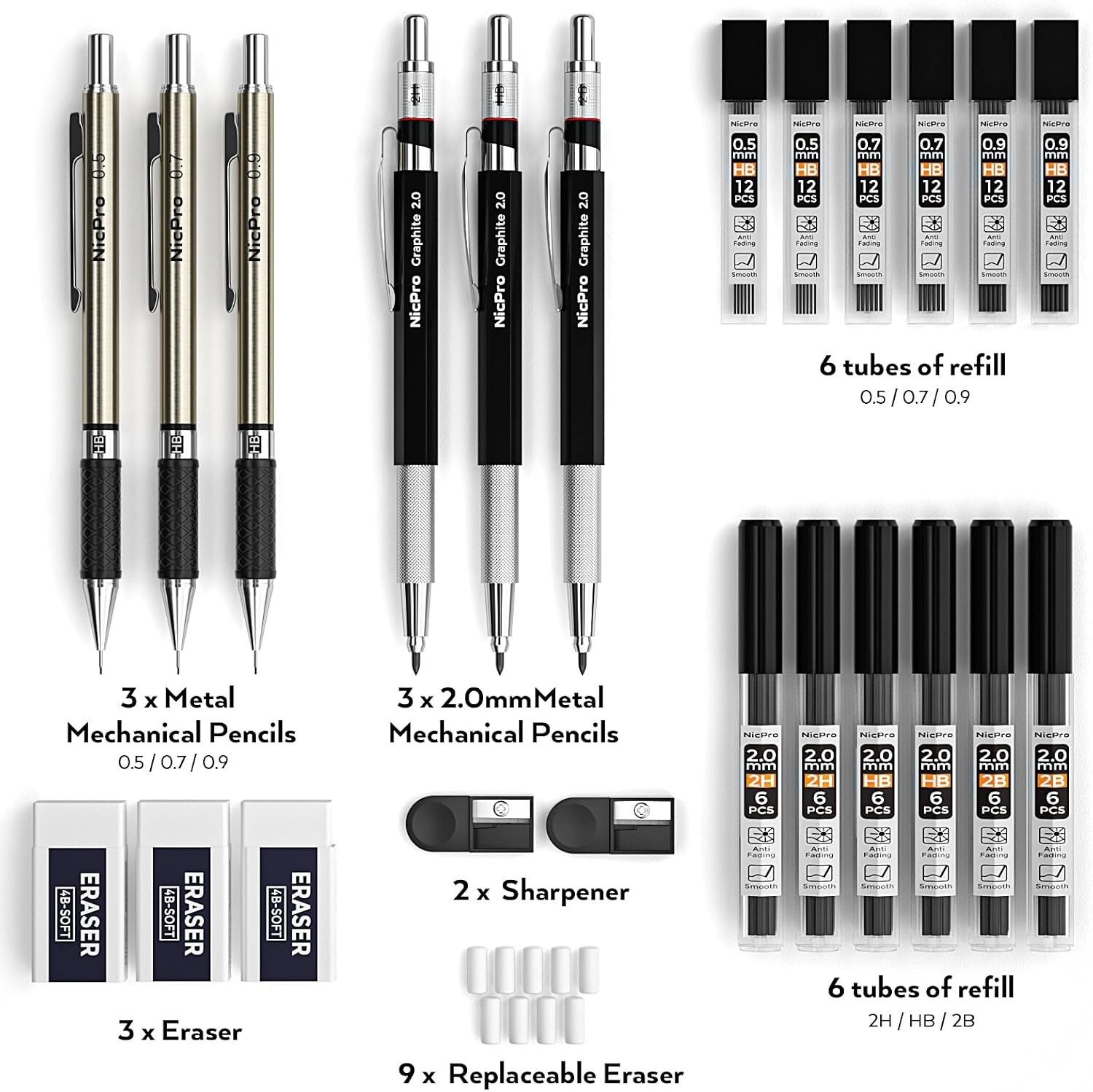 6PCS Art Mechanical Pencil Set,3PCS Metal Drafting Pencil 0.5 mm & 0.7 mm
