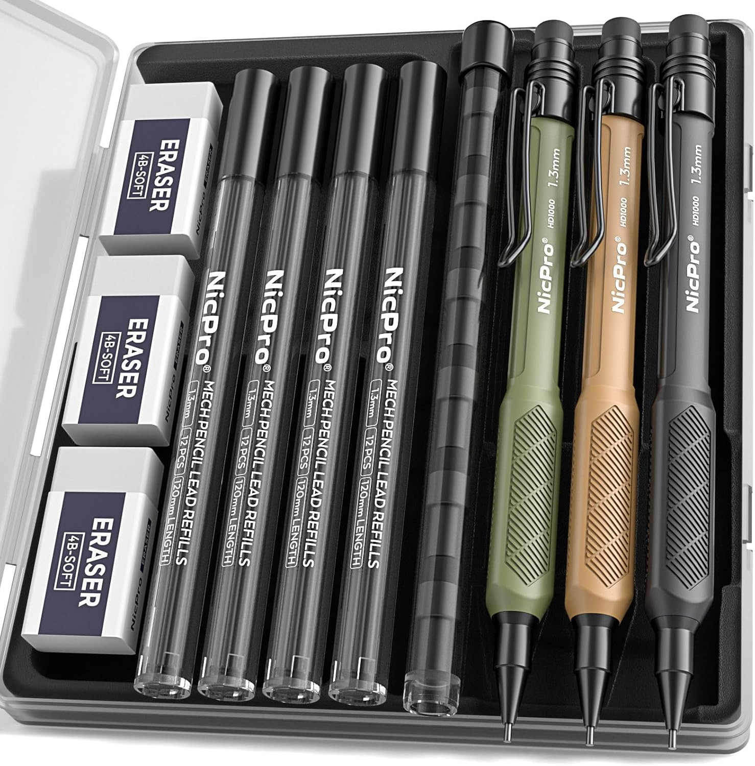 3 PCS 1.3 Mm Mechanical Pencils Set 3 Colors with 51 Lead Refill, 3 Eraser – Wea