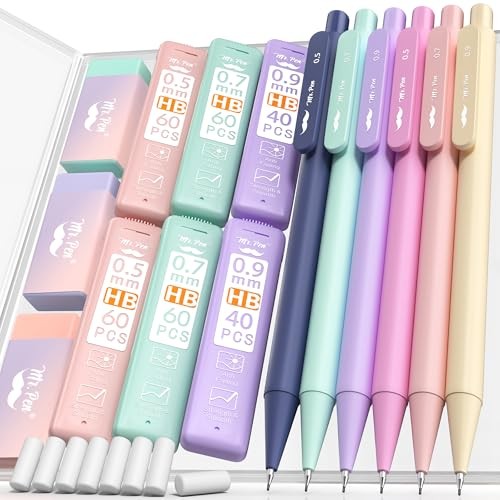 – Pastel Mechanical Pencil Set with Lead Refills & Erasers, 6 Pack | 3 Sizes,