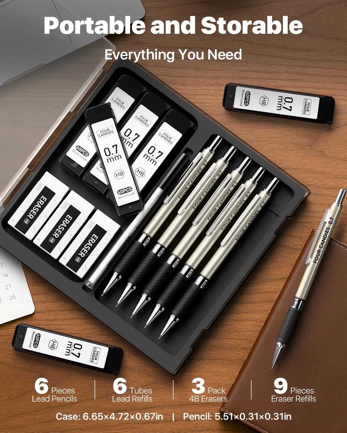 6PCS Metal Mechanical Pencil Set with 0.7mm Medium Point, 360 Leads, 12 Erase…