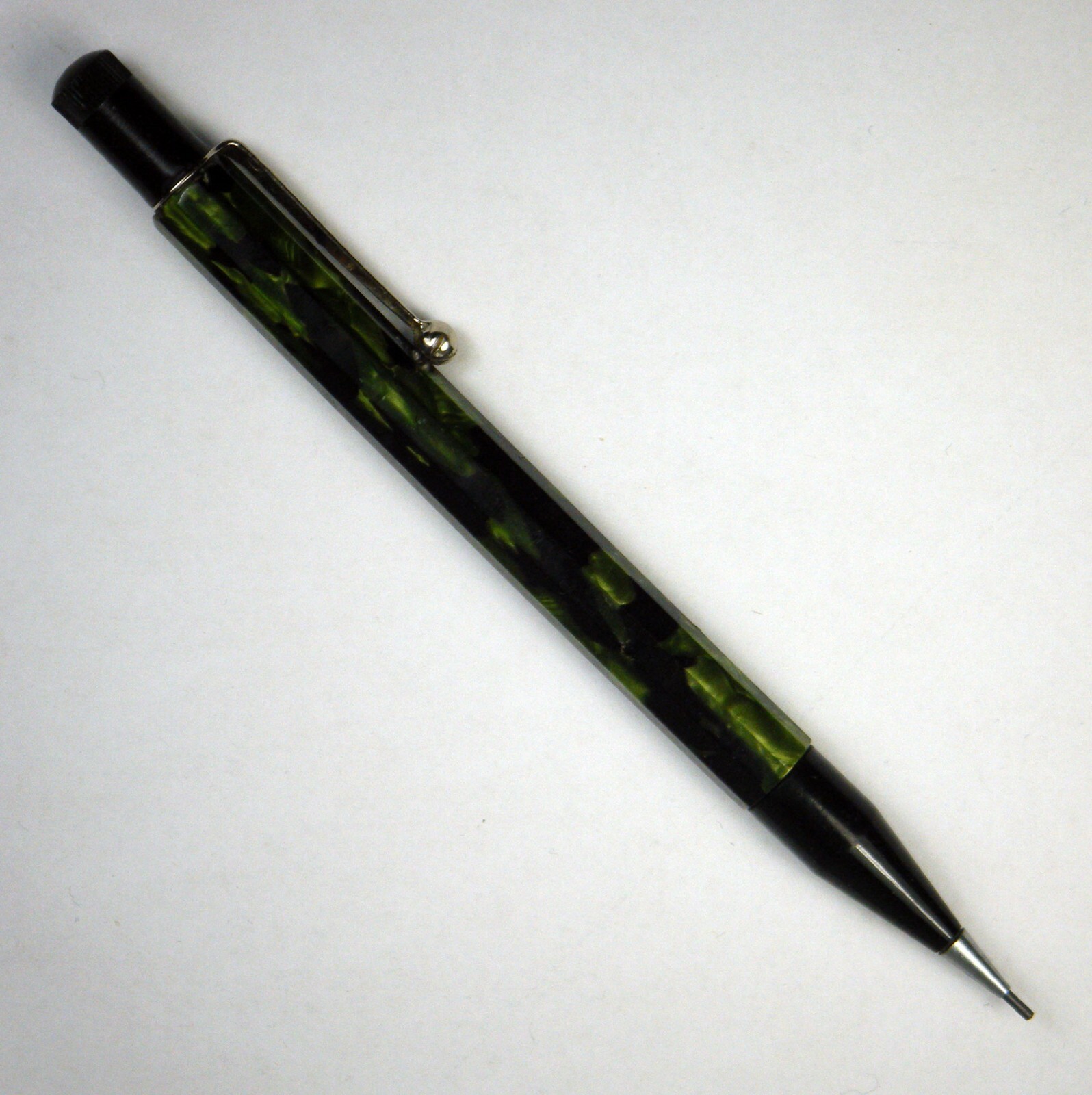 Vintage Mechanical Pencil: Green, Black Plastic, Chrome Imprinted R.M.S. ALAUNIA