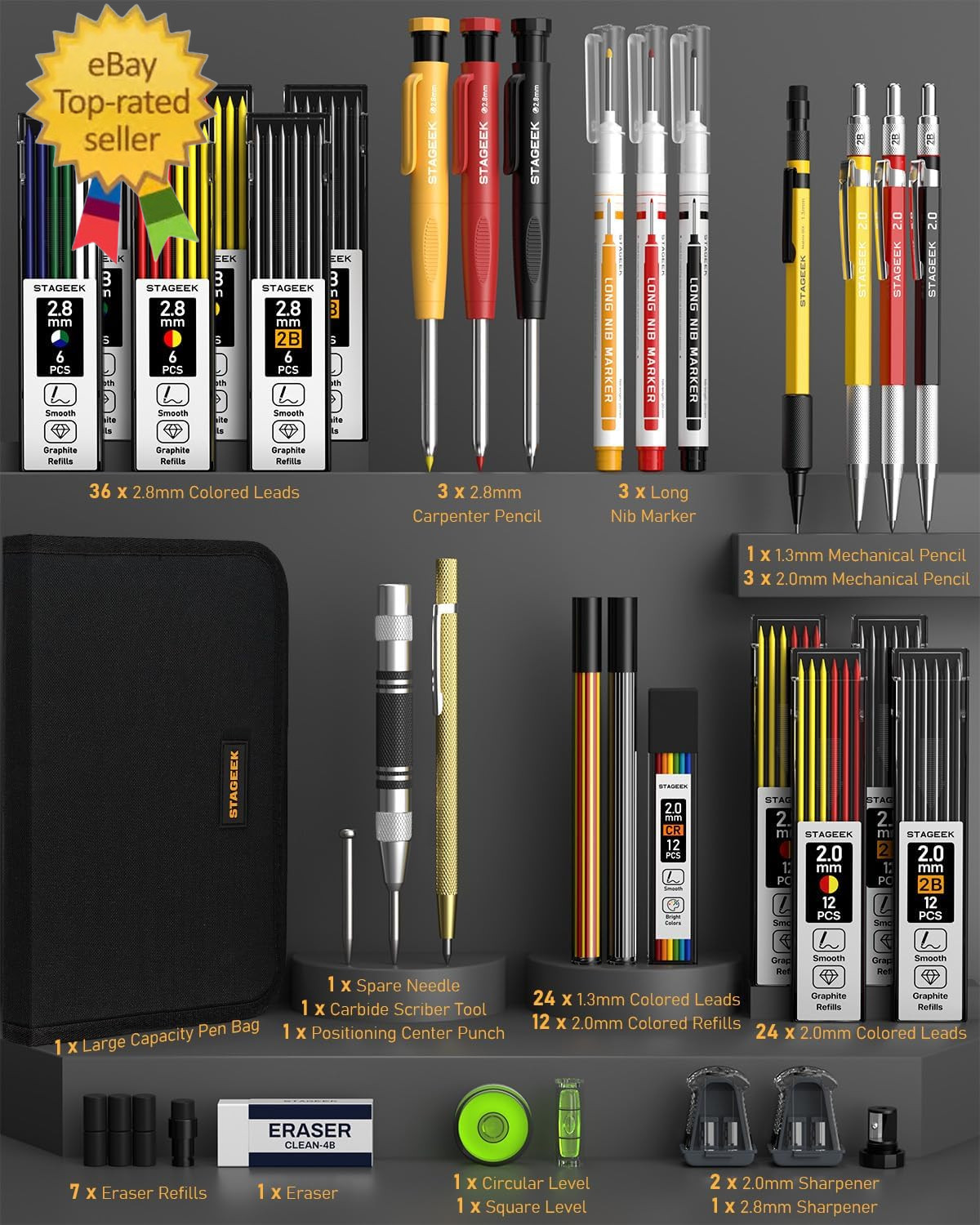 34PCS Carpenter Pencils with Sharpener, Mechanical Pencil Set with Deep Hole Lon