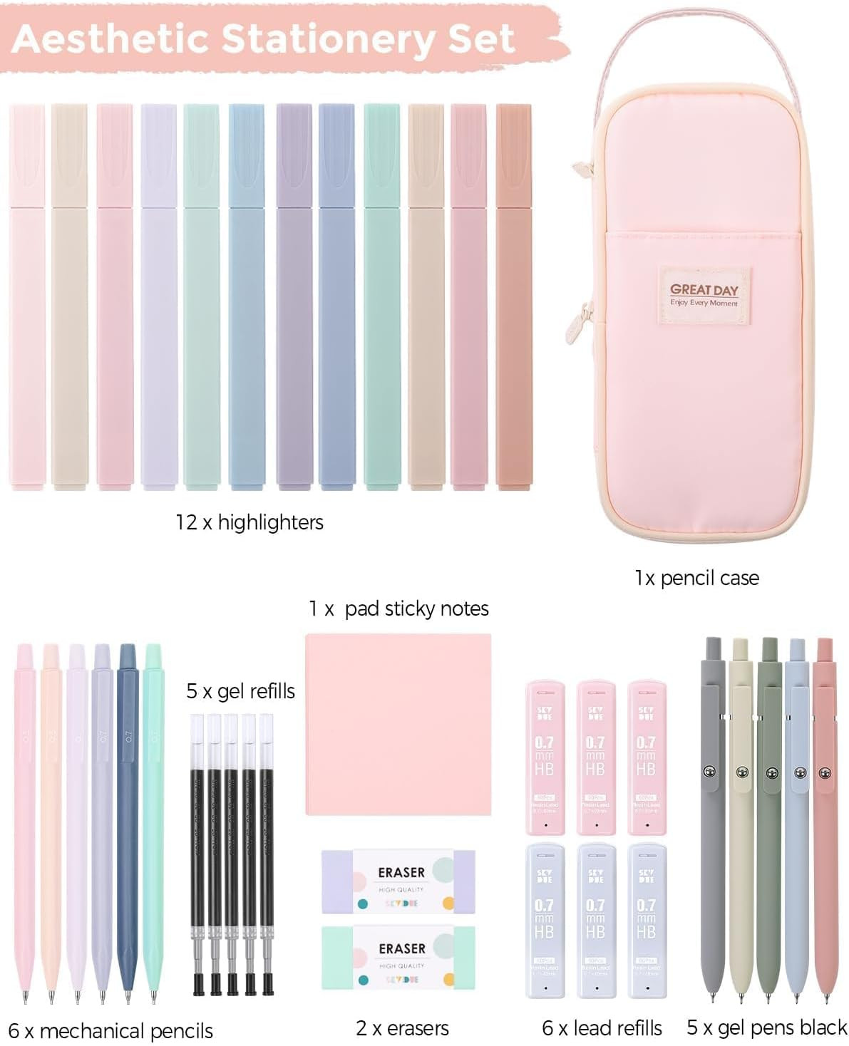 SKYDUE School Supplies Kit, 38 PCS Cute Stationery Set with Large Pencil Case, P