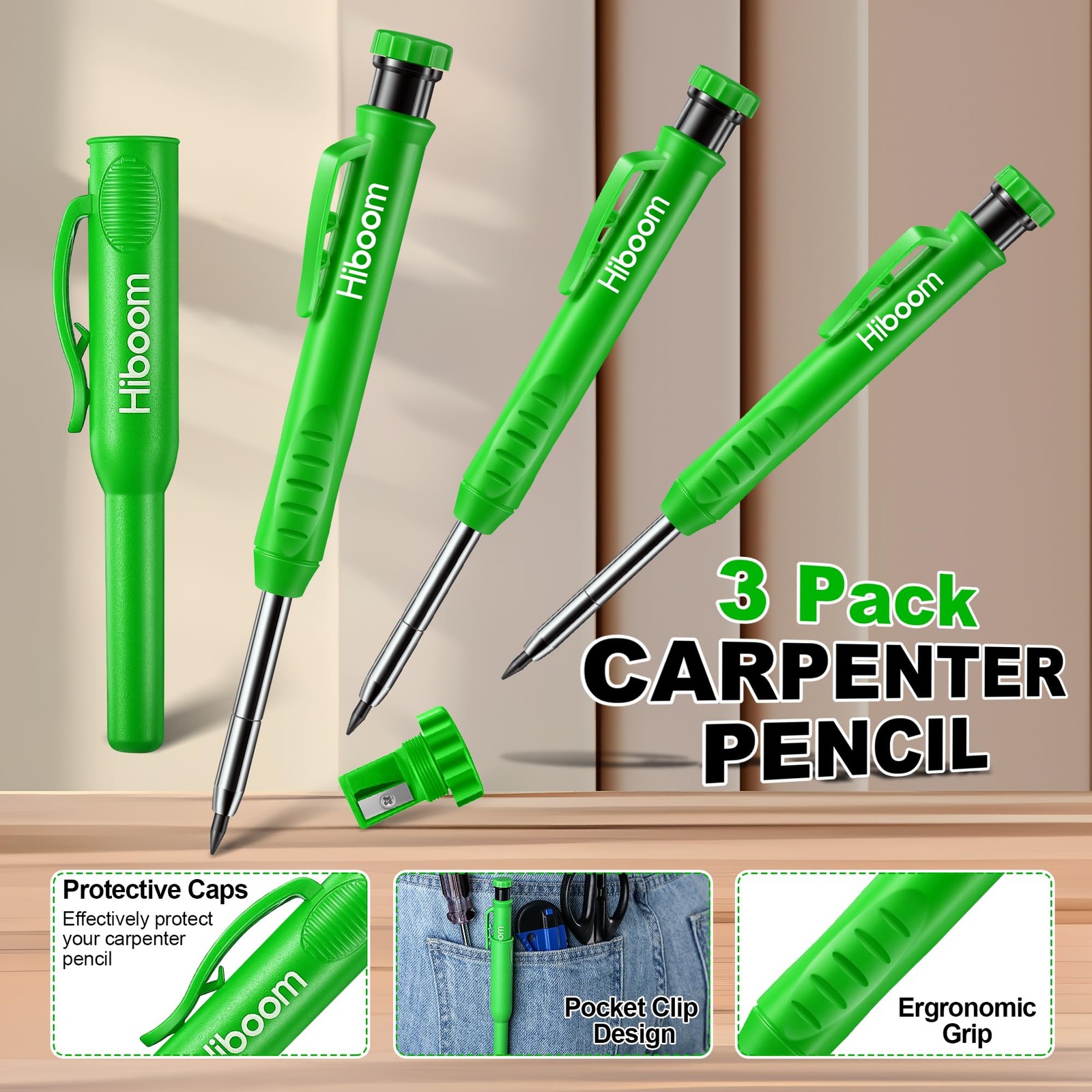 3 Pack Carpenter Pencil with 24 Refills (Red, Black, Yellow), 2.8 mm Heavy Duty
