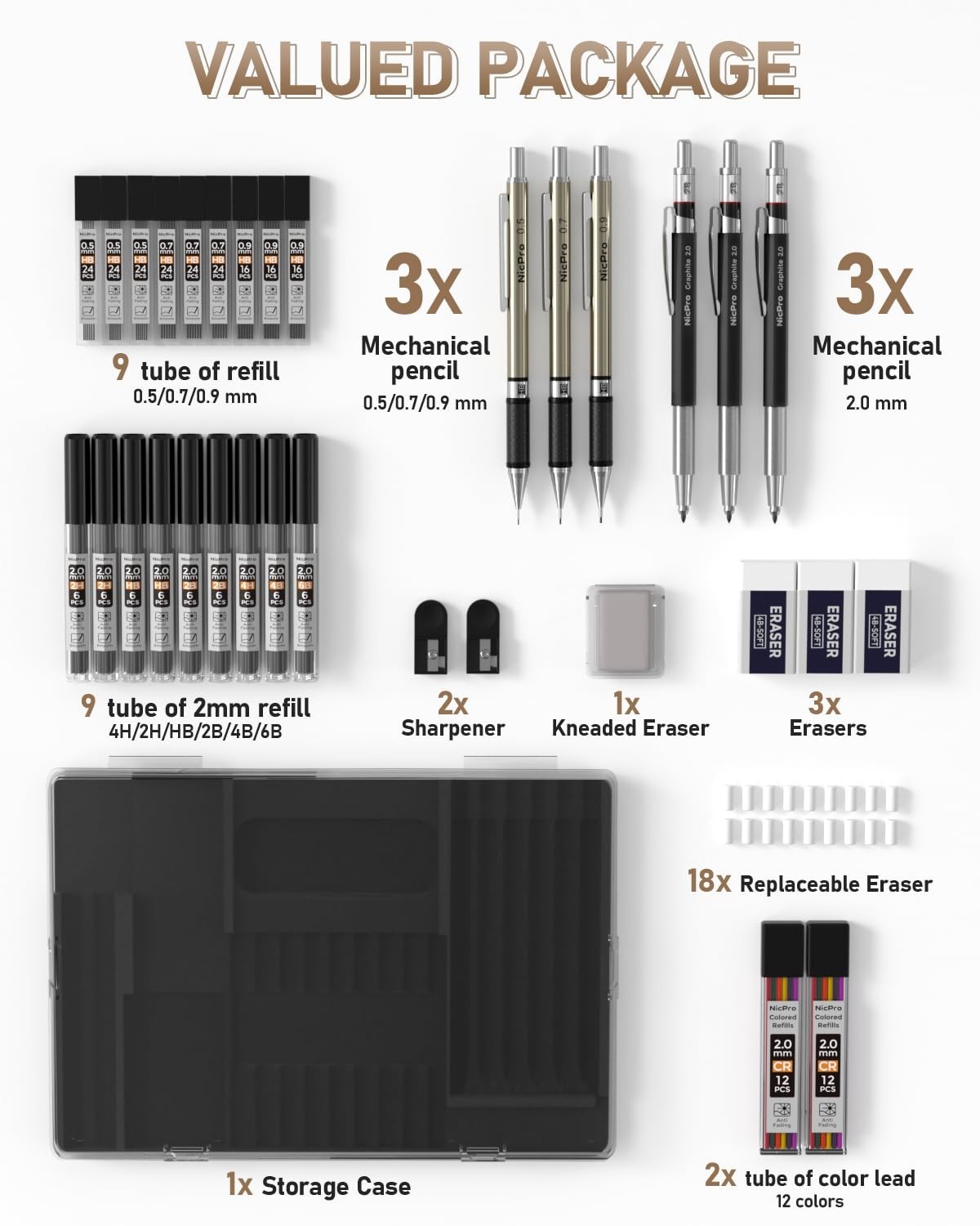 Nicpro 35PCS Art Mechanical Pencil Set, 3 PCS Metal Drafting Pencil 0.5 mm & 0.7