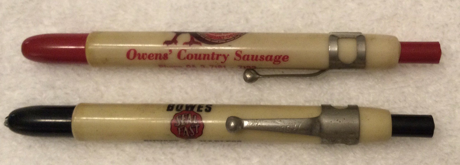 2 Vintage Black Listo Grease Pencil: Owens’ Sausage, Bowes Seal Fast
