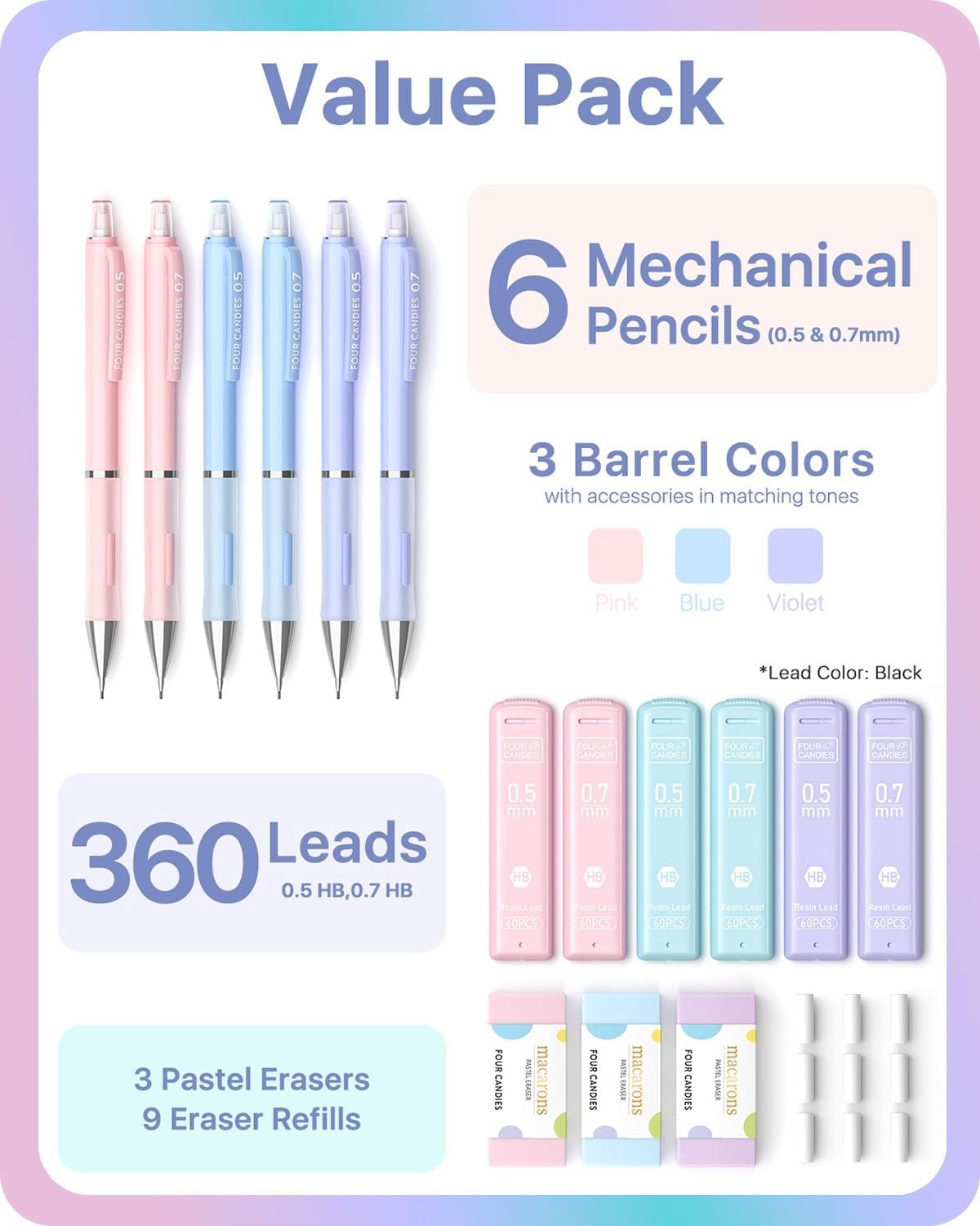 0.5/0.7Mm Cute Mechanical Pencil Set, 6 Pack | 360 Leads, 3 Erasers+9 Refills, S