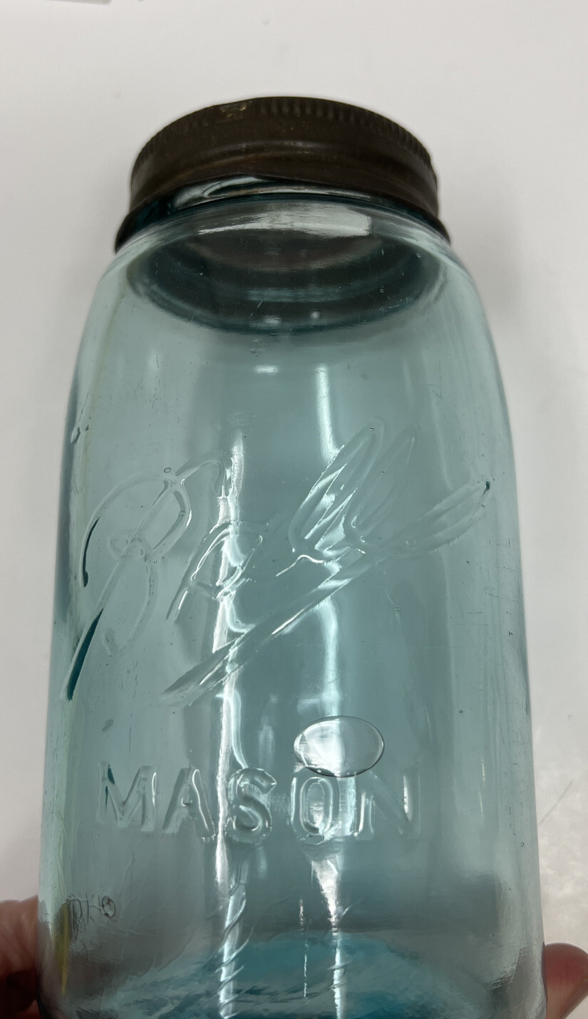 Antique Rare Fruit Jar Qt. Ball Mason Air Bubbles Blue