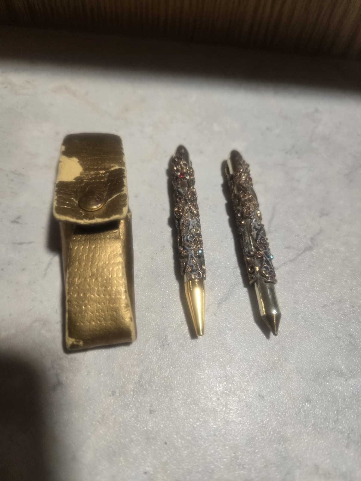 2 Vintage 1960s Ornate Gold Mechanical Pencils Chatelaine Style w/Gem Accents