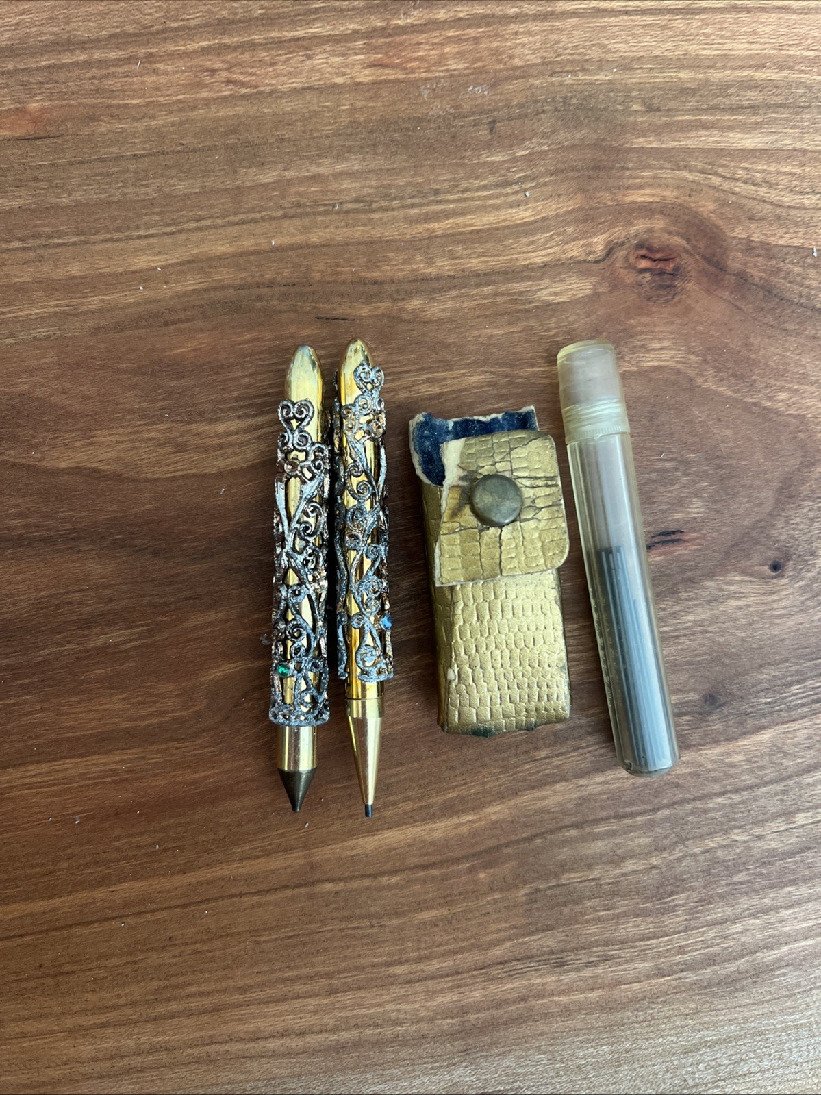 Vintage Ornate Gold Tone Mini Mechanical Pencil & Pen Set w/Gem Accents 1960s