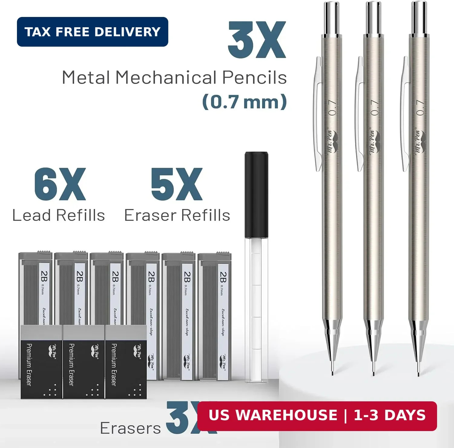 Mr. Pen- 0.7mm Metal Mechanical Pencil Set with Lead Refills & Erasers, 3 Pack,