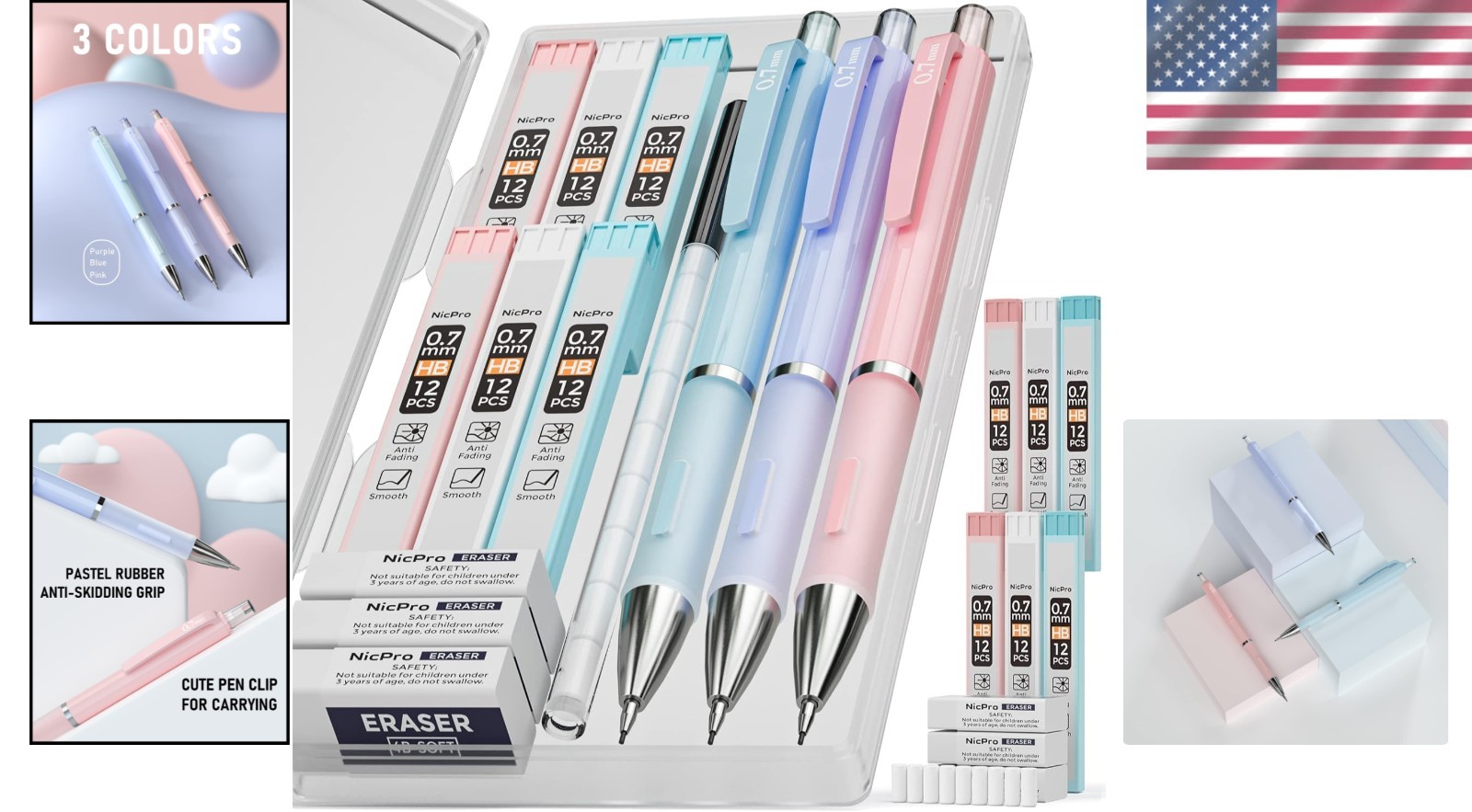 Versatile Mechanical Pencil Set: 3 Pastel Pencils, Refill & Erasers Included