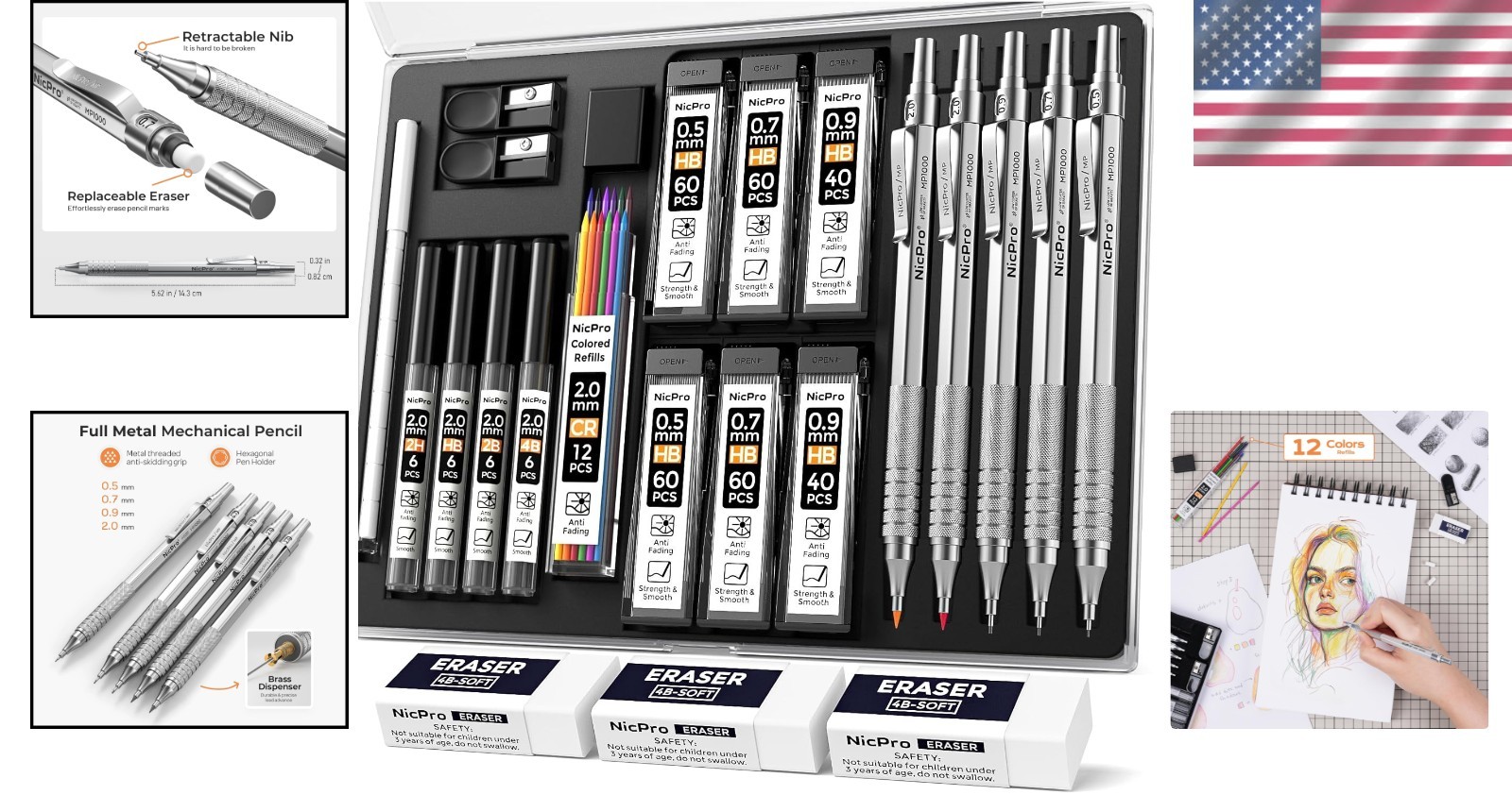 22PCS Metal Mechanical Pencil Set with 396 Leads for Artists & Engineers