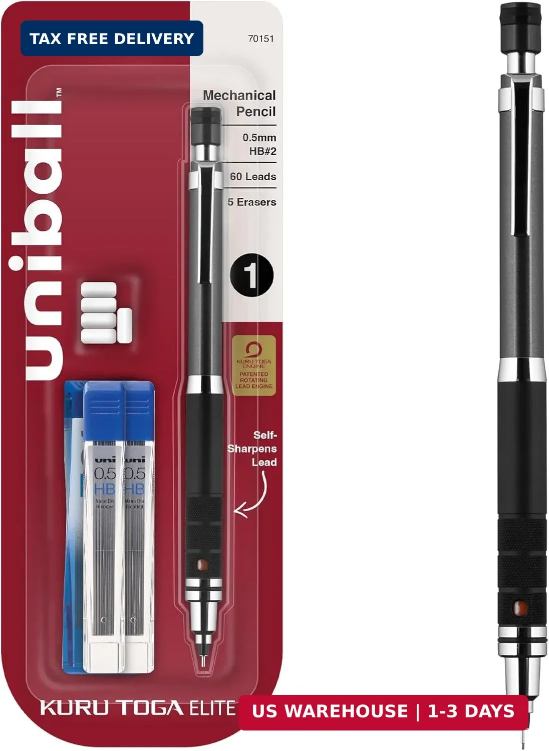 uniball Kuru Toga Elite Mechanical Pencil Starter Kit, 0.5mm, HB #2, Gun Metal B