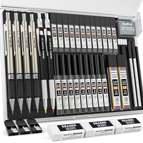 37PCS Art Mechanical Pencil Set, 4PCS Metal Drafting Black 0.3 0.5 0.7 0.9 2.0