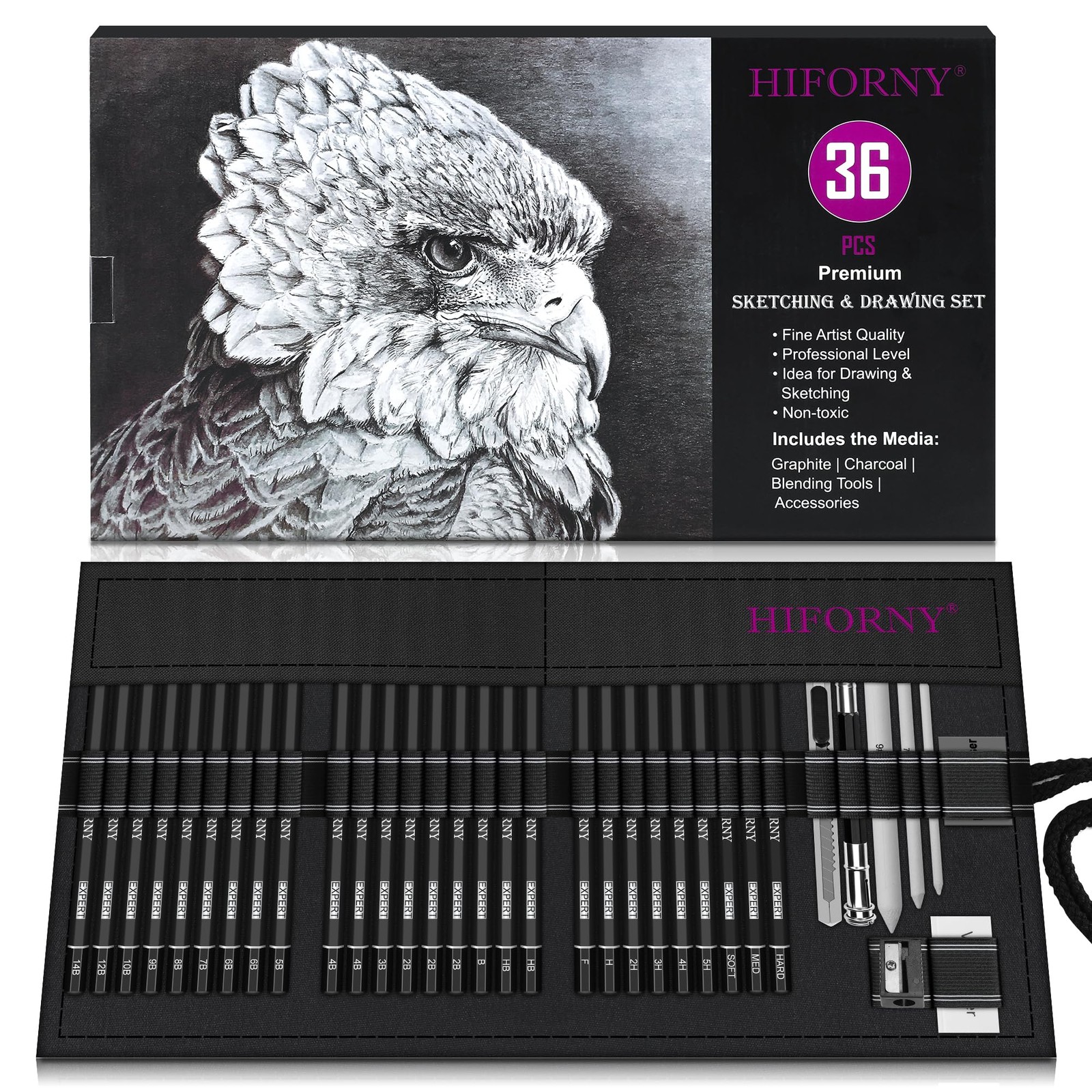 HIFORNY 36 PCS Sketching Drawing Pencil 1 Count (Pack of 36), Black
