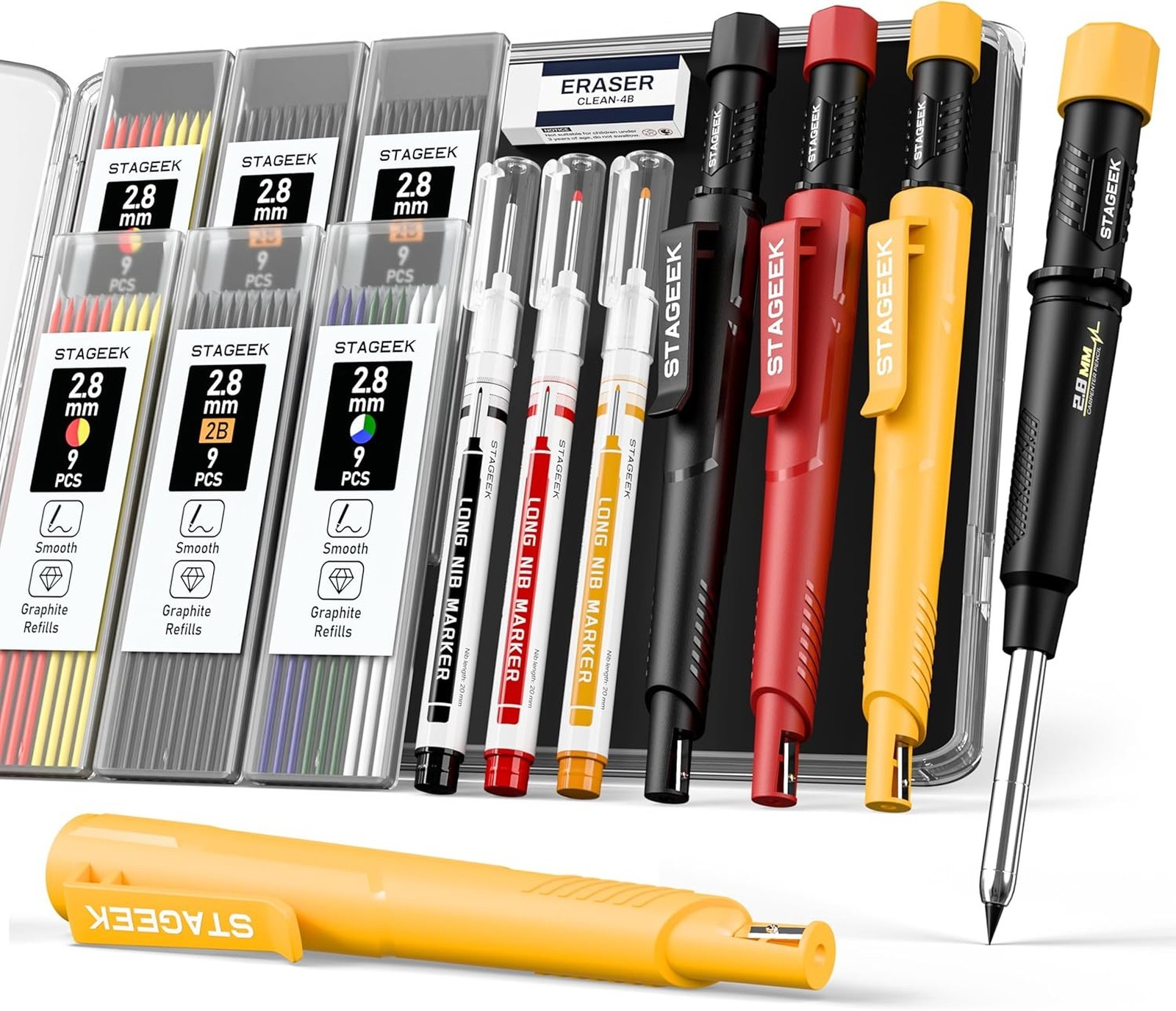 Carpenter Pencils Set with Sharpener, Mechanical Woodworking Marking Tools, Deep