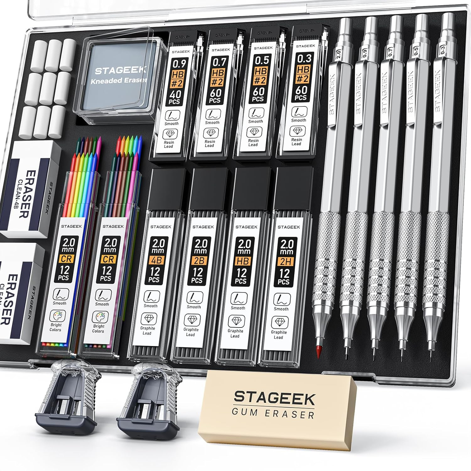 21PCS Metal Mechanical Pencil Set, Art Lead Pencil 0.3, 0.5, 0.7, 0.9, 2Mm Holde