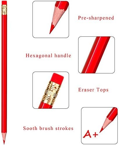 Zhanmai 24 Pieces Red Pencils with Eraser Pre Sharpened Wooden Erasable Checking