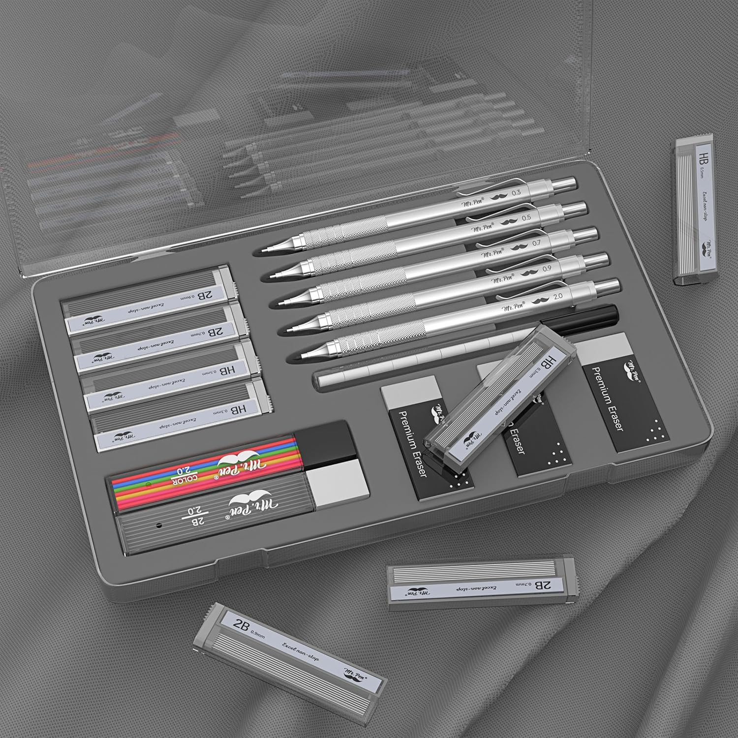 – Metal Mechanical Pencil Set, 5 Sizes, 0.3, 0.5, 0.7, 0.9, 2Mm, Mechanical Penc