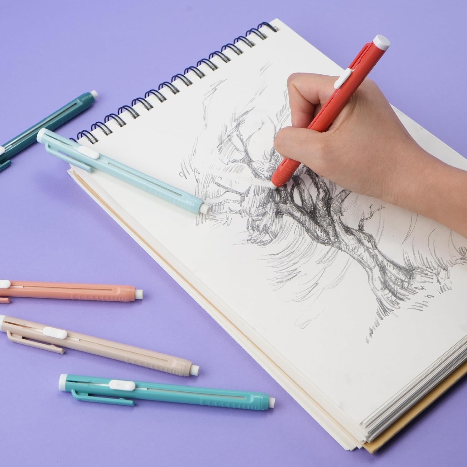 Smooth-Click Retractable Mechanical Erasers – 6 Coral Pens for Clean Corrections