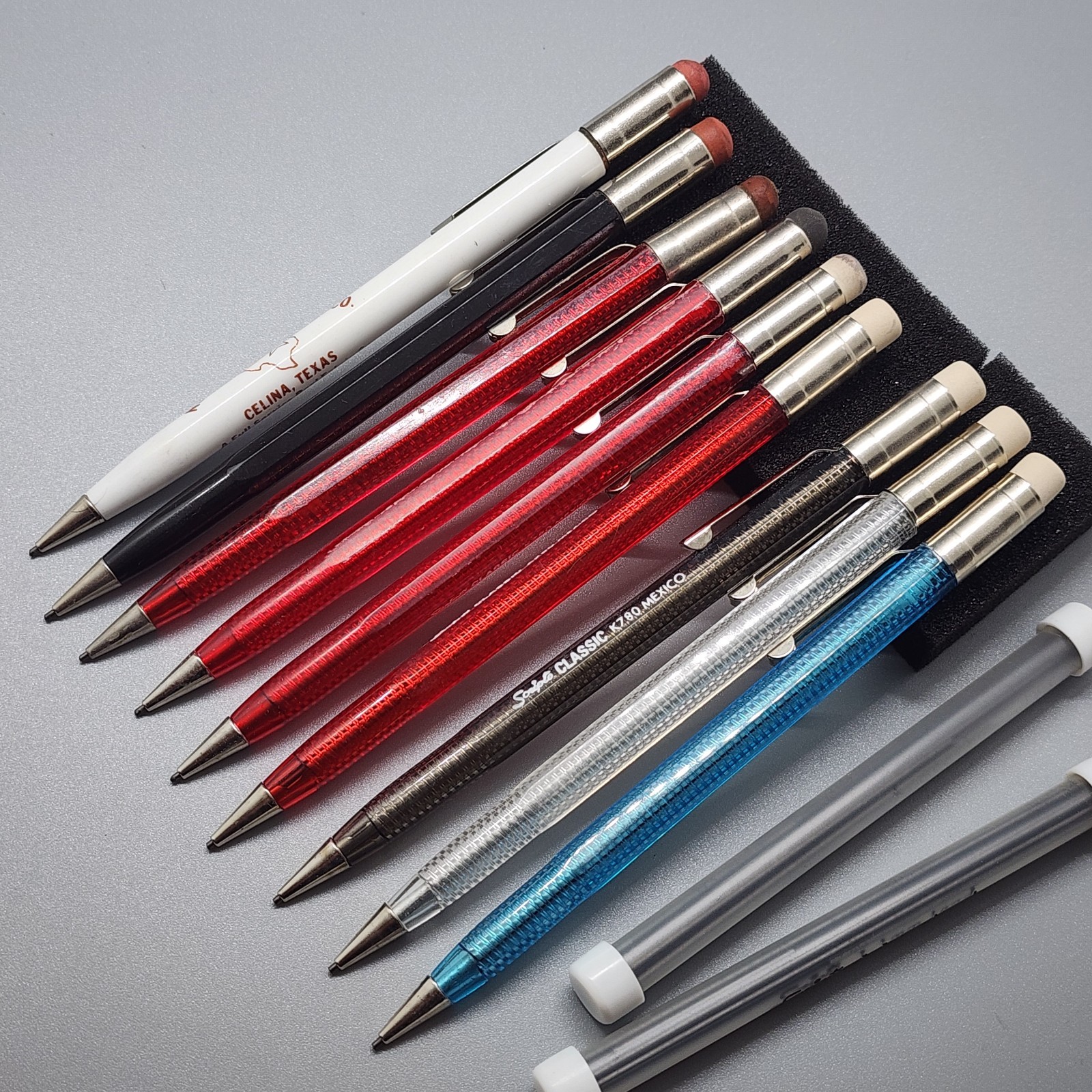 9 Vintage SCRIPTO Classic Mechanical Pencils Translucent Red Blue Smoke + Lead