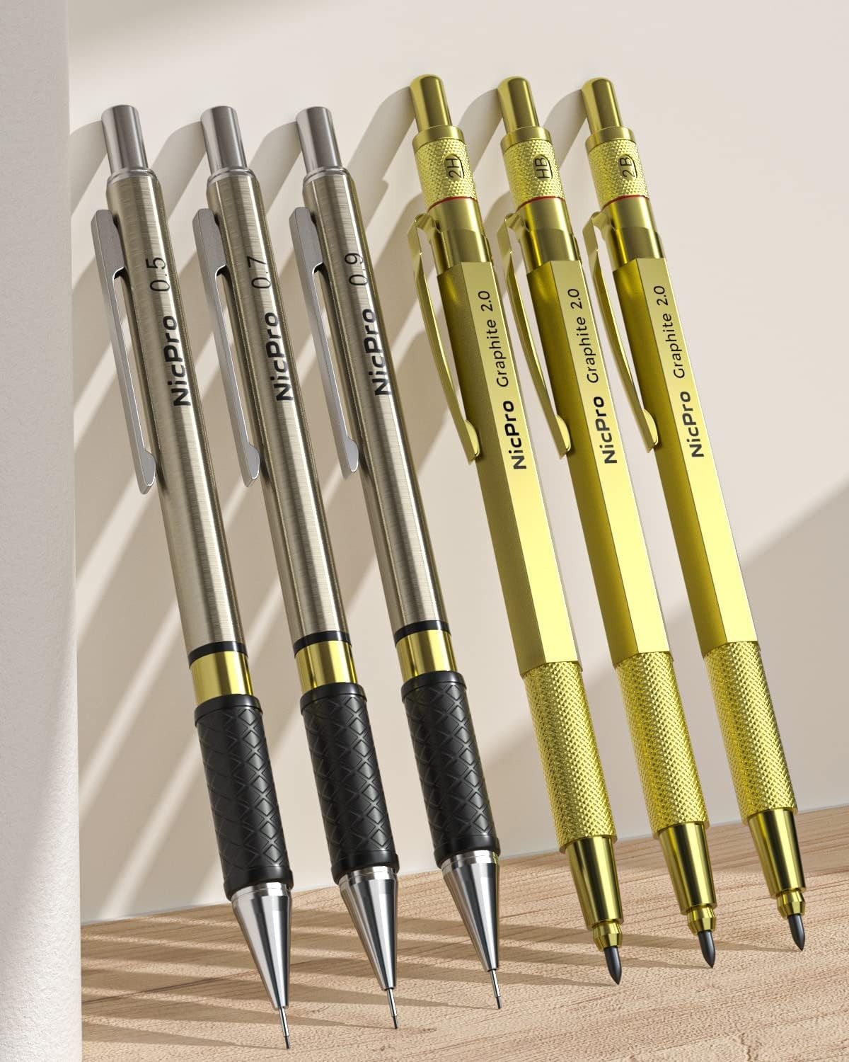 Gold Metal Drafting Pencils with 30 Refills in Genuine Leather Case for Drawing
