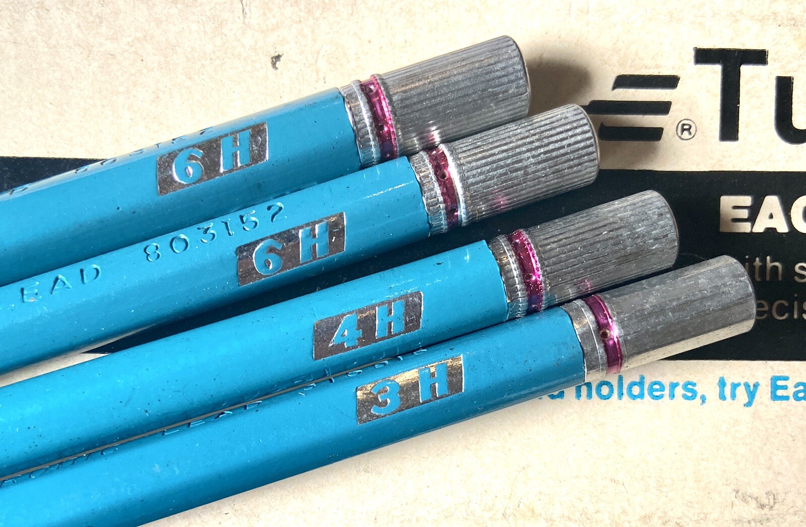 Vintage Berol Turquoise Eagle Drawing Pencil Lot of 4 w/ Slide Case 3H 4H 6H
