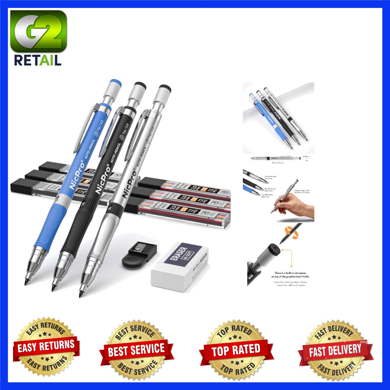 Versatile 2mm Mechanical Pencil Set with Non-Slip Grip & Convenient Sharpener