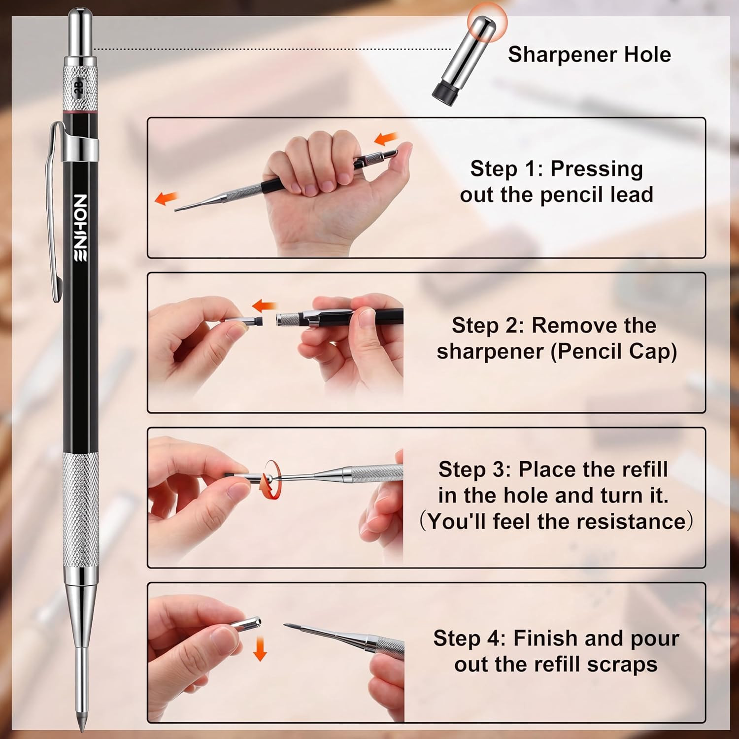 2Mm Mechanical Carpenter Pencil Set with 12 Marker Refills and Sharpener, Woodwo