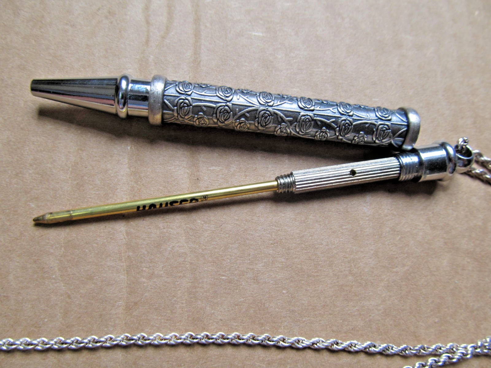 Vintage ~ Hauser Ink Pen / Necklace on Chain with Floral Rose Design ~ Works
