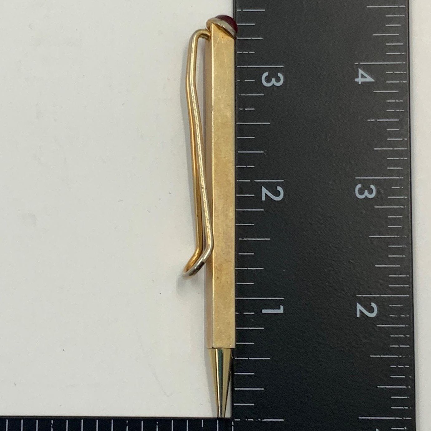Vintage Hexagonal Tie Clip Mechanical Pencil Gold Tone Red Jewel 2.75in