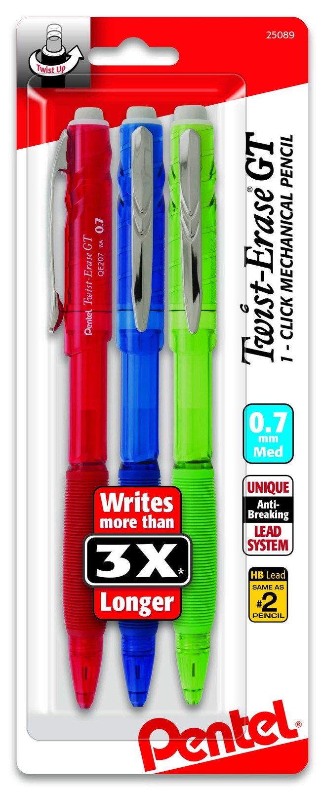 Pentel Twist-Erase GT (0.7mm) Mechanical Pencil, 3 Count (Pack of 1), Random