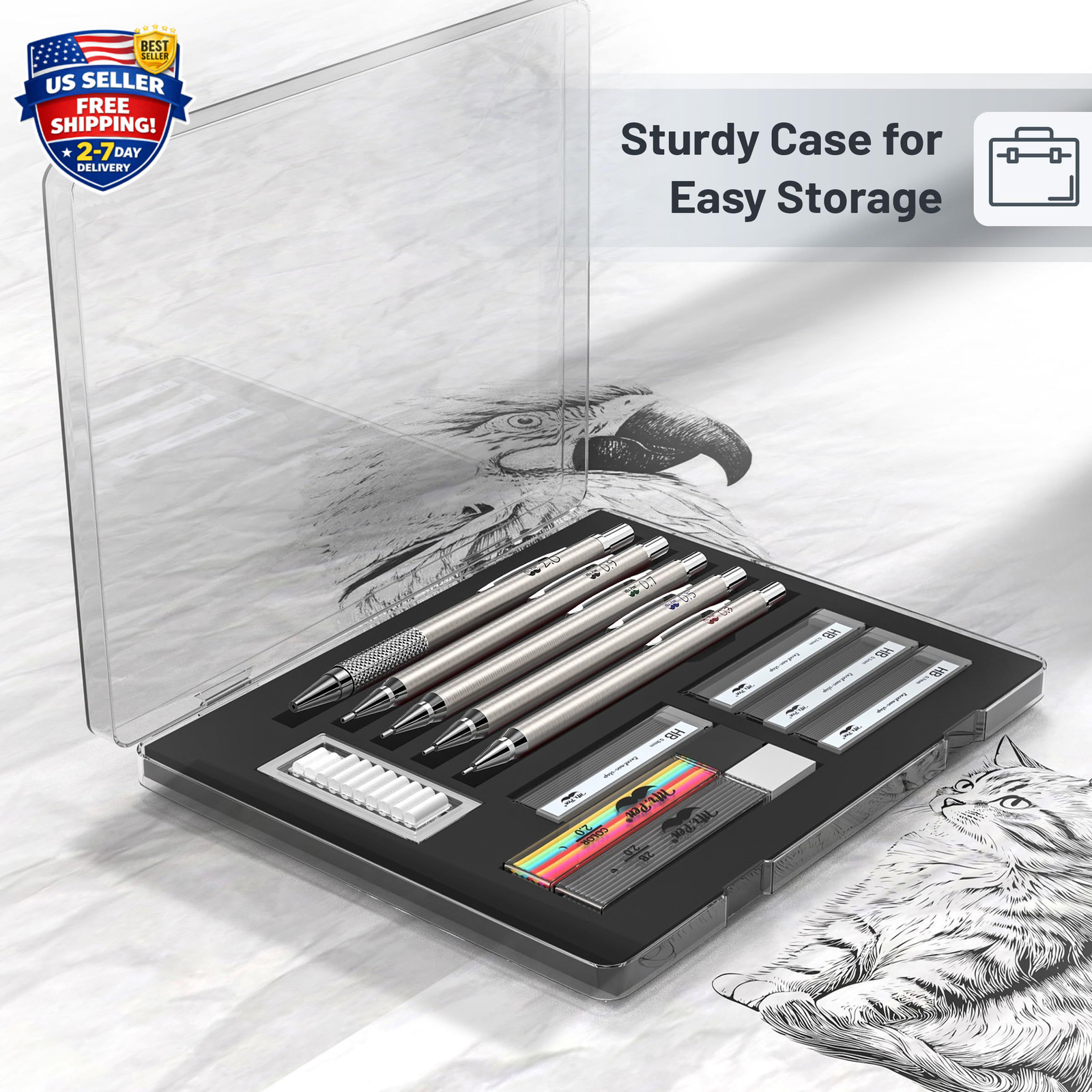 – Metal Mechanical Pencil Set with Lead and Eraser Refills, 5 Sizes, 0.3, 0.5, 0