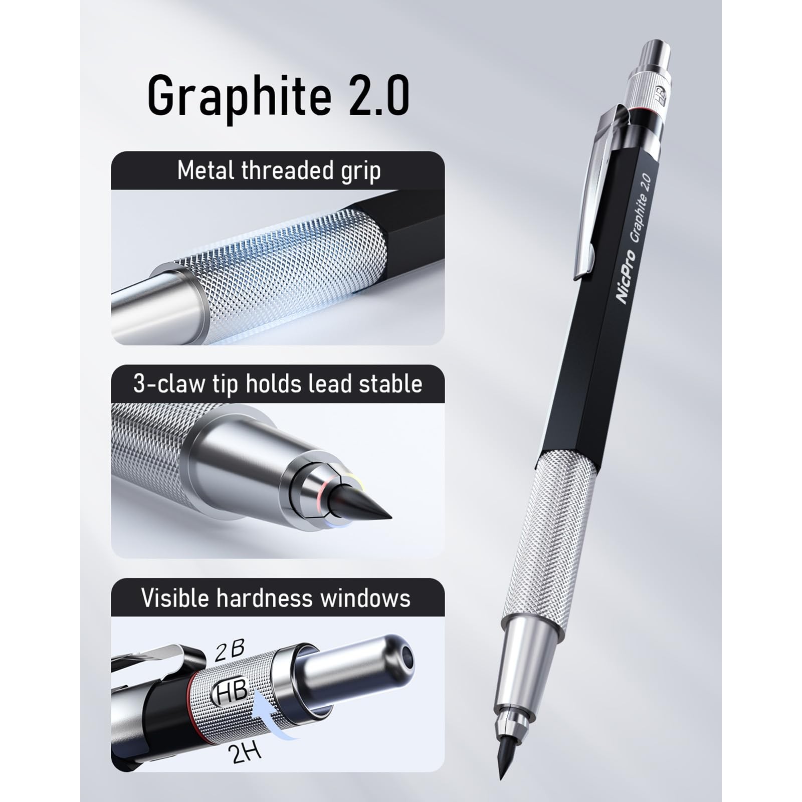 Nicpro 2mm Metal Mechanical Pencil Set, 2PCS Lead Holder 2.0 mm 2 Pack, Black
