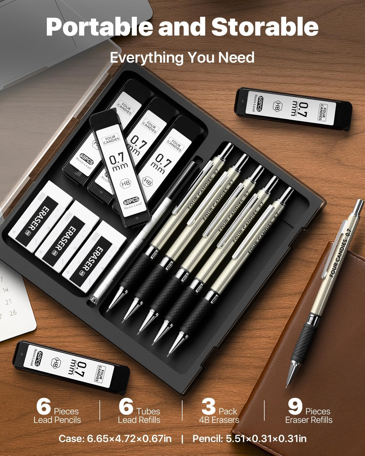 6PCS Metal Mechanical Pencil Set with 0.7Mm Medium Point, 360 Leads, 12 Erasers,