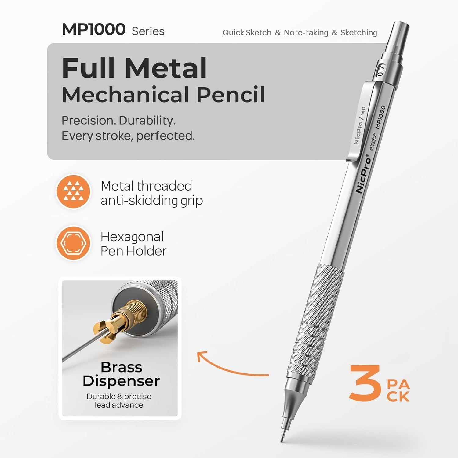 0.7 mm Metal Mechanical Pencil Set w Case with 3PCS MP1000 0.9mm Drafting Penci