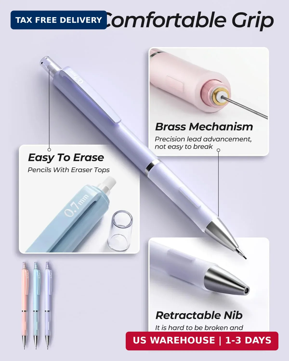 Nicpro 3PCS Cute Mechanical Pencil Set with Case, 0.7 mm Pencils with 6 Tube HB