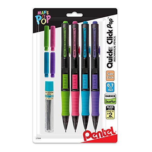 Quick Click Pop Mechanical Pencil, 4 Count (Pack of 1) Assorted with Erasers