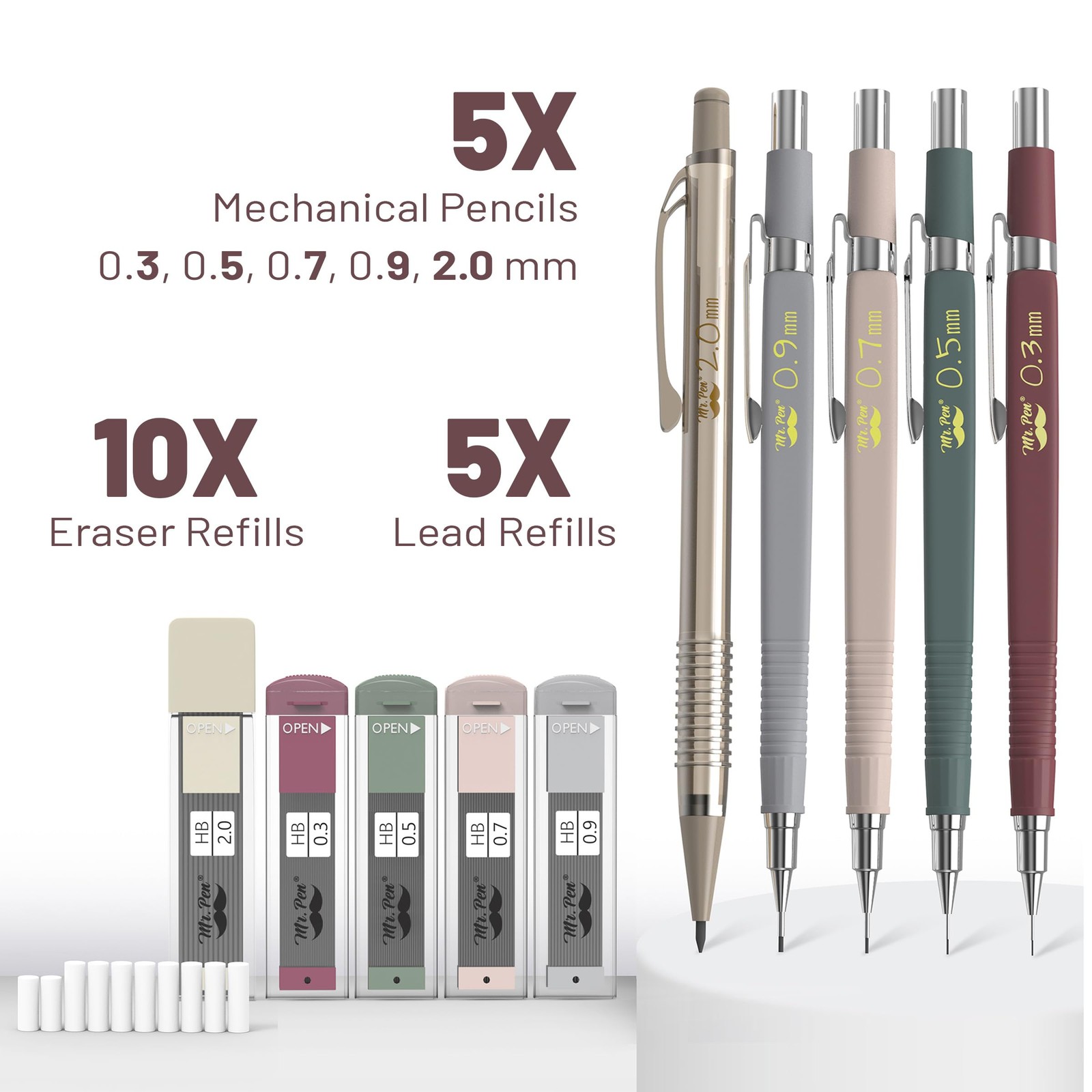 Mr. Pen- Mechanical Pencil Set with Leads and Eraser Refills, 5 Sizes – 0.3, 0.5
