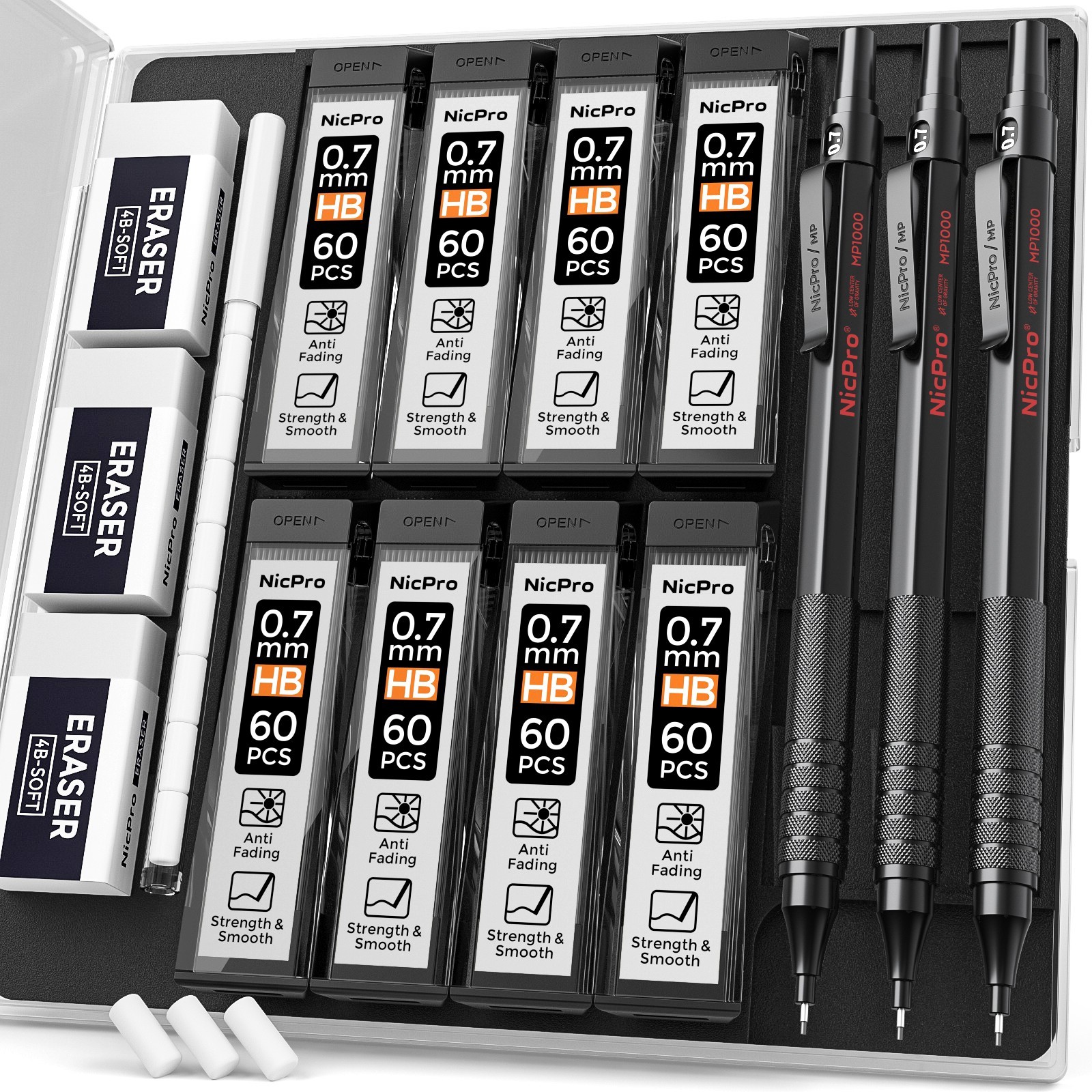 Nicpro 0.7mm Mechanical Pencil Set: 3 Metal, 8 HB Refills, 12 Erasers, Case