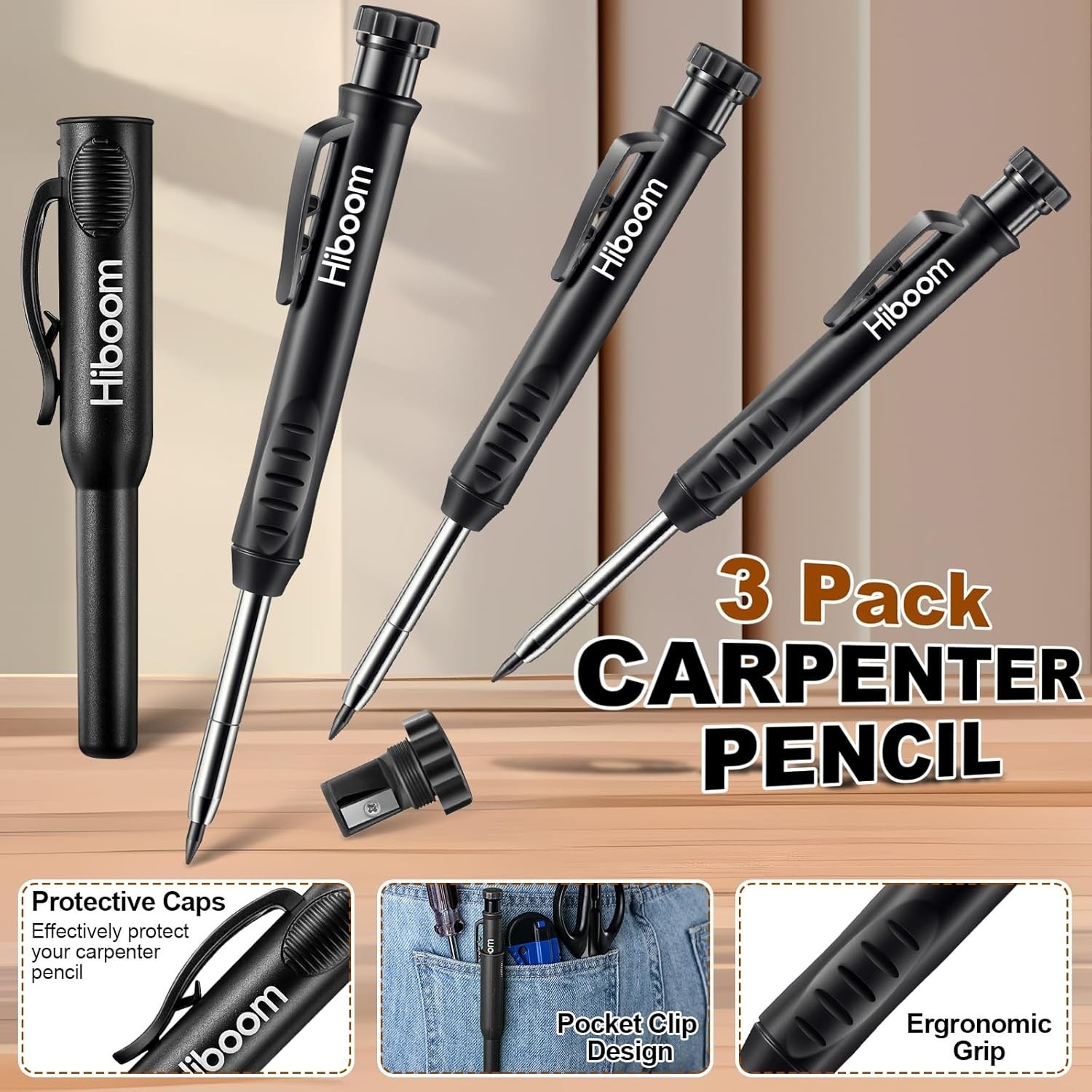3 Pack Carpenter Pencils Set with 24 Refills, 2.8 Mm Mechanical Carpenter Pencil