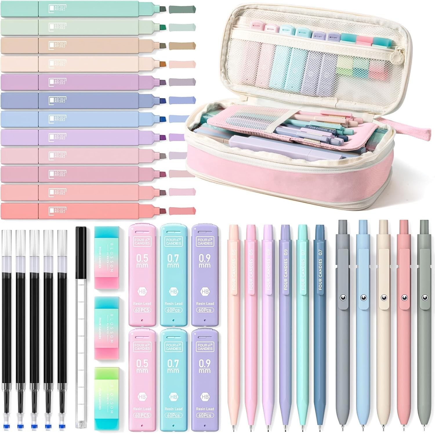 39PCS Stationery Set Pastel Highlighters Gel Pens Erasers Organizer Pink