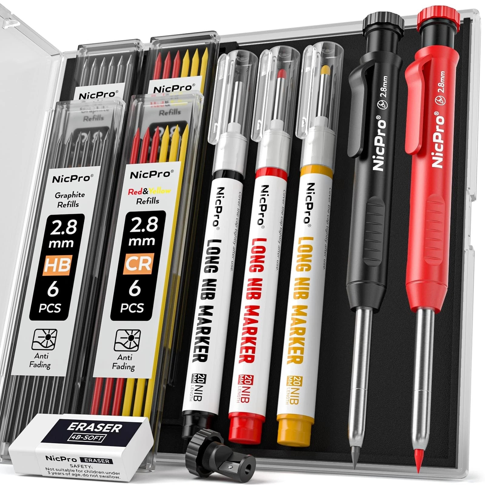 Nicpro 2 Pack Carpenter Pencils with 26 Refills – CP1000 Deep Hole Marker