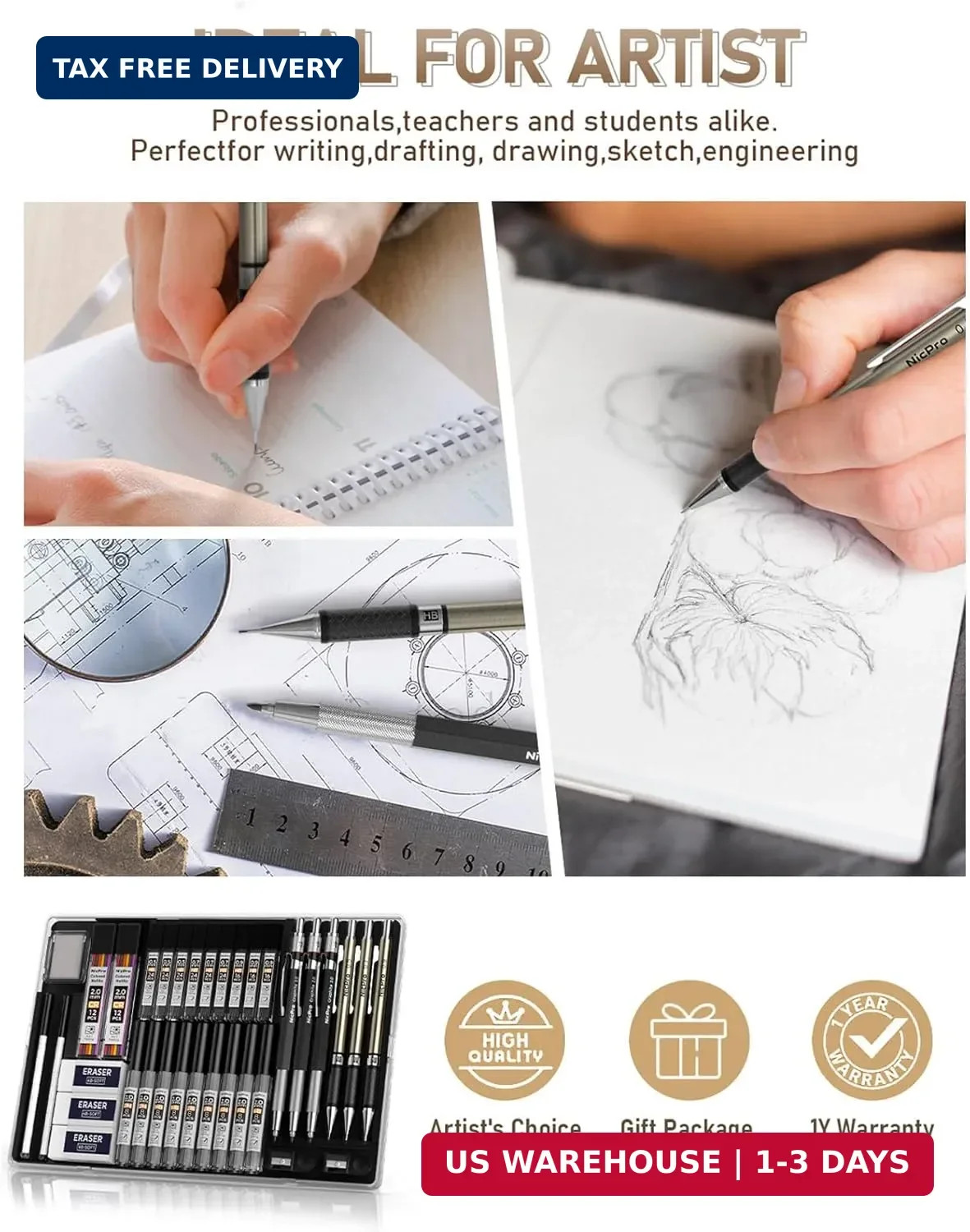 Nicpro 35PCS Art Mechanical Pencil Set, 3 PCS Metal Drafting Pencil 0.5 mm & 0.7