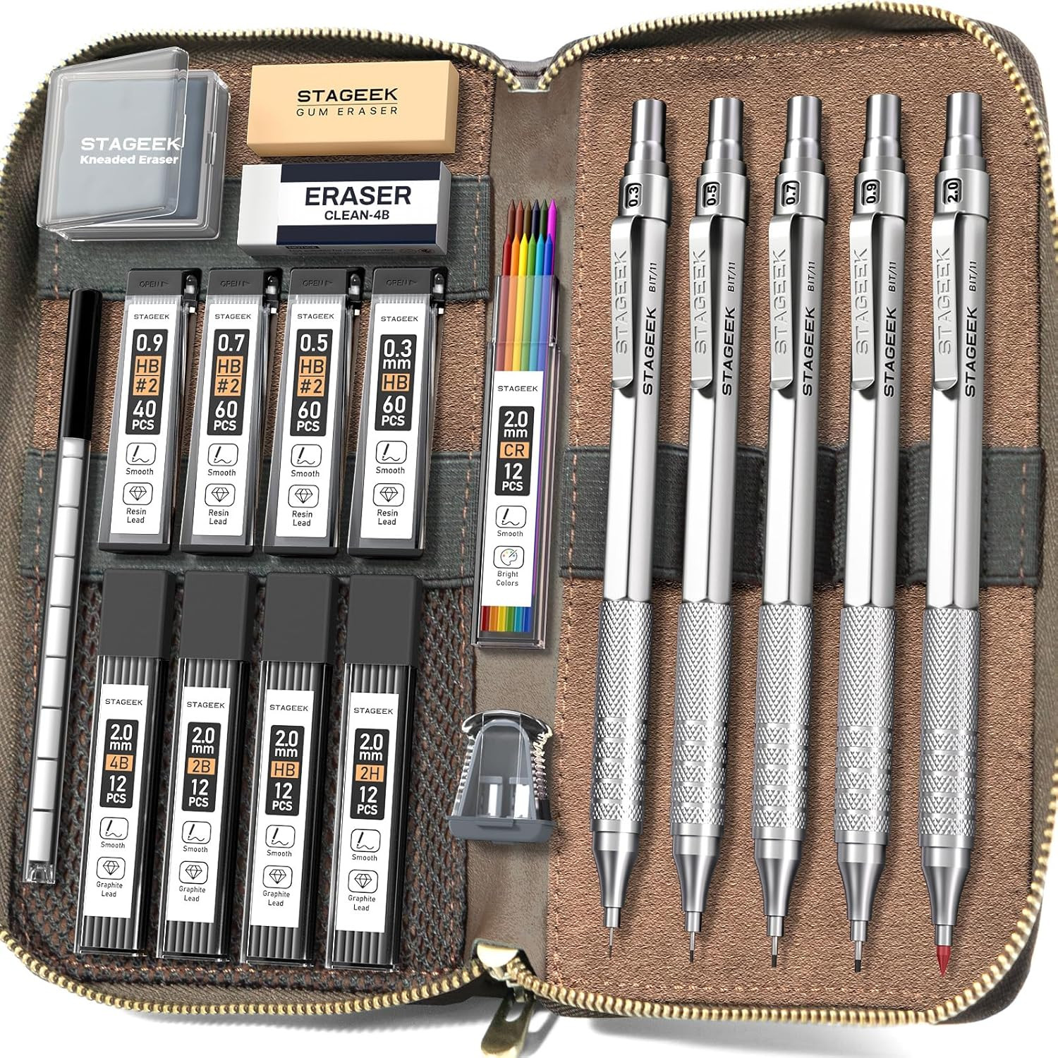 Metal Mechanical Pencil Set in Leather Case, 5PCS Art Drafting Pencil