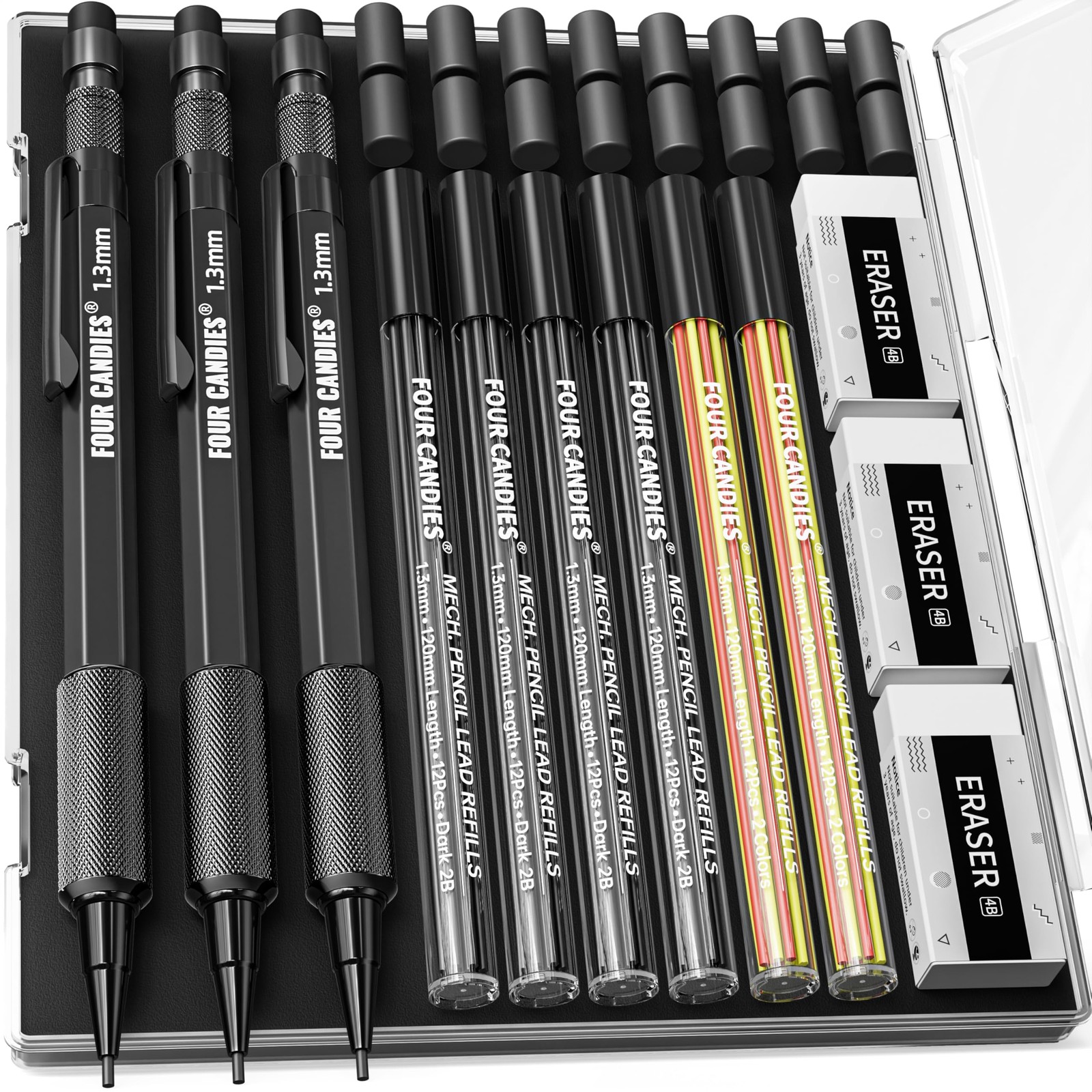 3PCS 1.3mm Metal Mechanical Pencil Set with Case Black