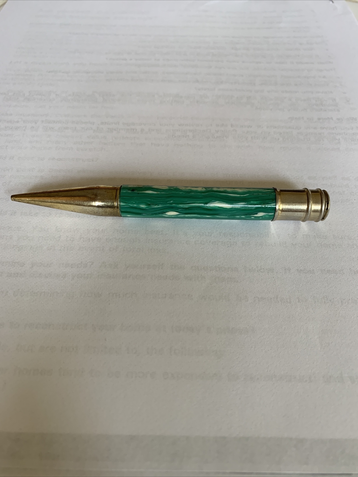 Ambassador Mechanical Pencil 14K Gold Plated Top Swirly Green/White With Lead